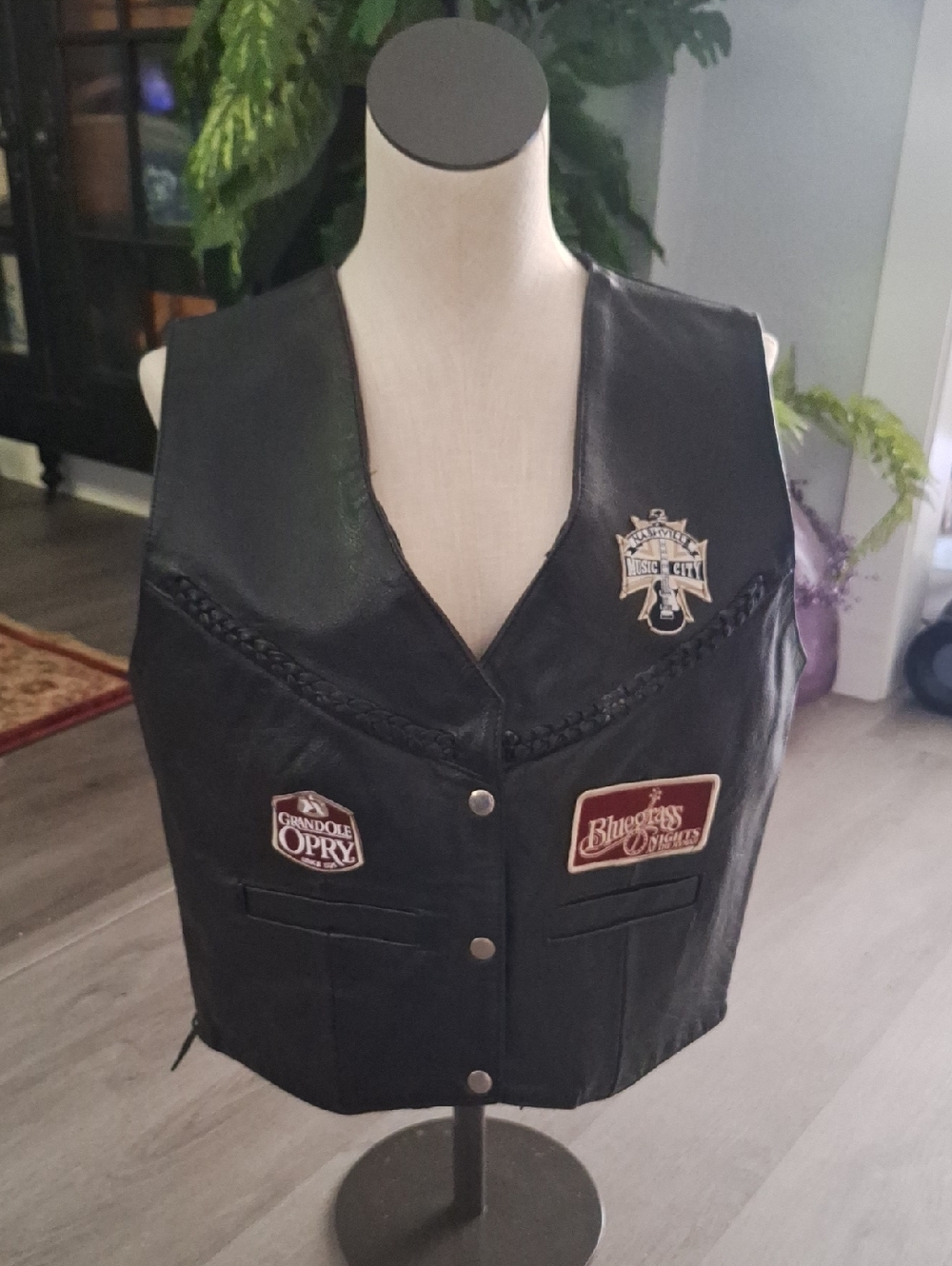 Black Leather Women's Vest with Music City Patches
